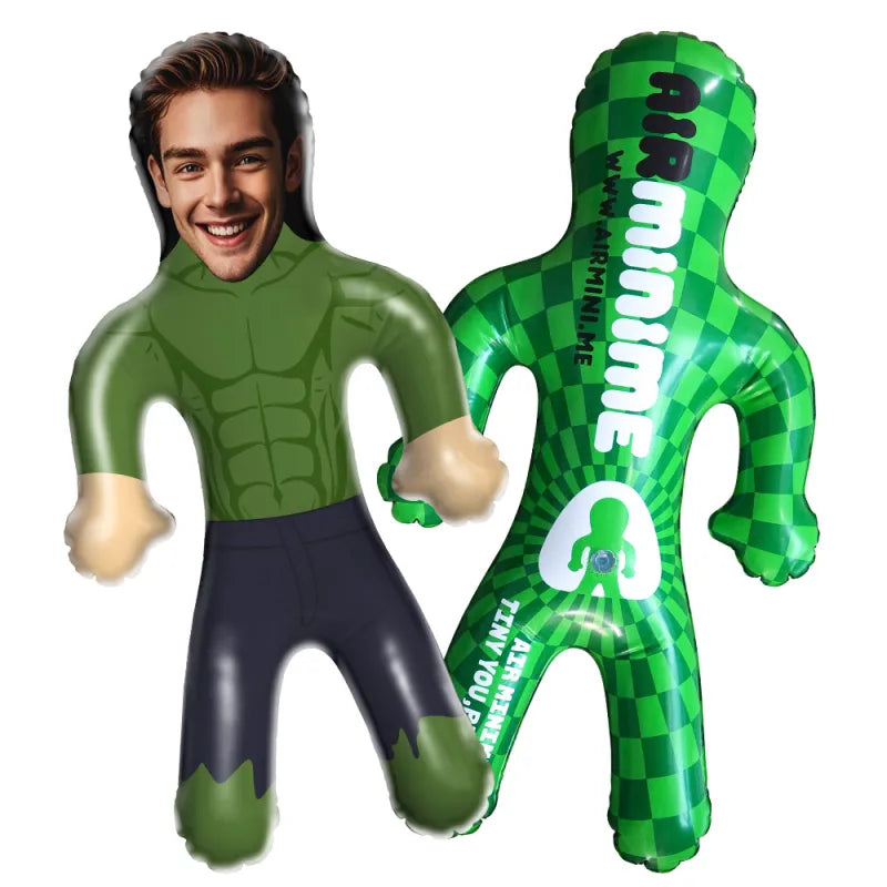 Inflatable superhero costume with a green and black checkered pattern on a white background