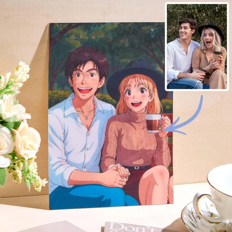 Animated couple holding hands with a real-life couple in a small inset, surrounded by flowers and a cup.
