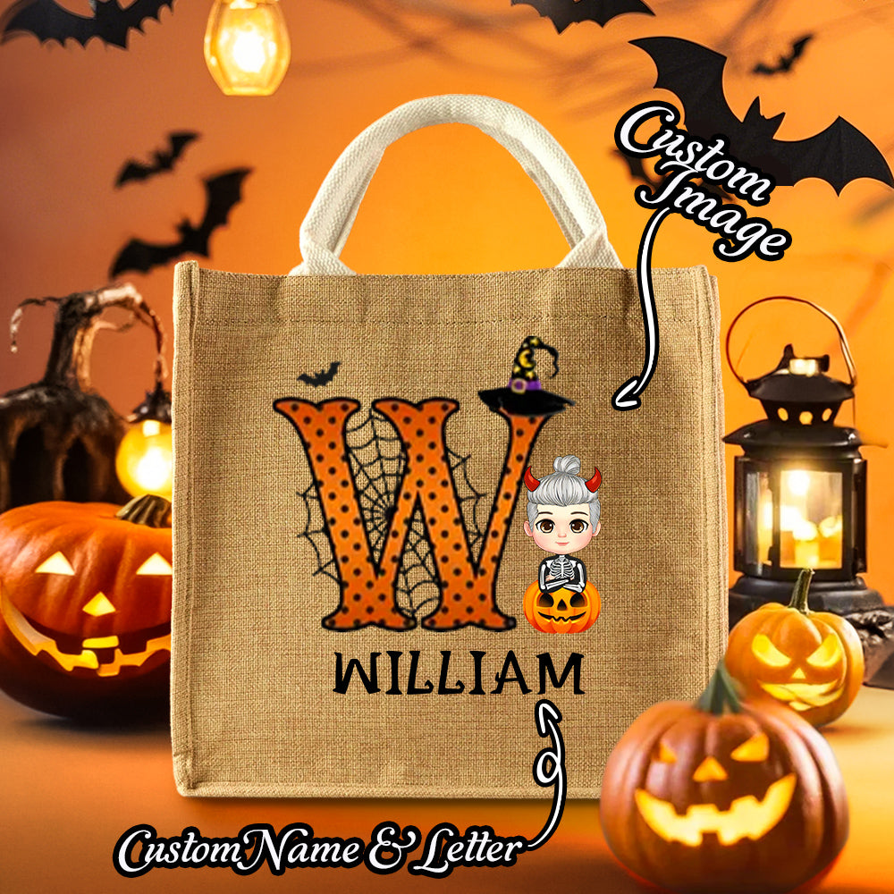 Personalised Cartoon Character Pumpkin Design Trick or Treat Candy Jute Tote Bag with Initial & Name Halloween Party Favors Gift for Kids