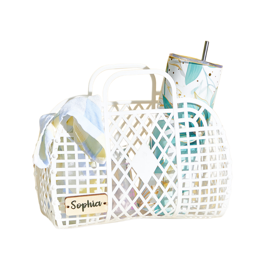 White lattice bag with a patterned water bottle inside on a white background