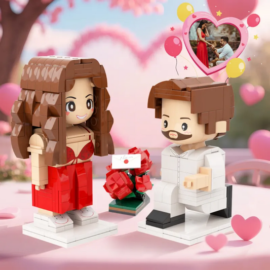 Two LEGO figures of a couple with a heart-shaped balloon and cherry blossom background.