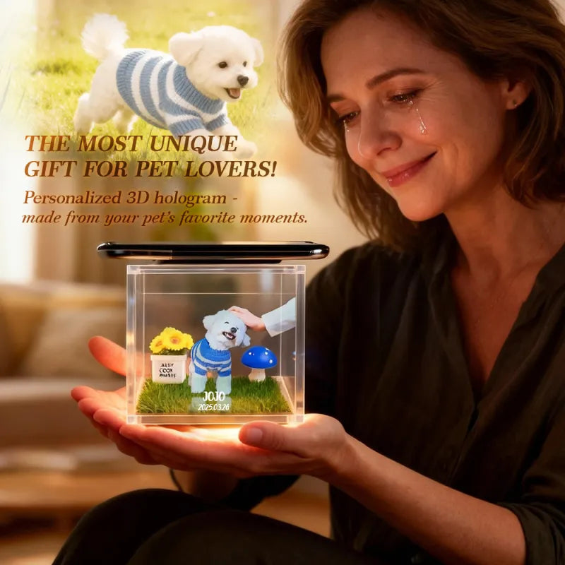 Woman holding a personalized 3D hologram of a dog in a striped sweater, with text about unique gifts for pet lovers.