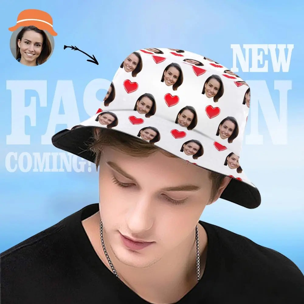 Custom Face Bucket Hat Personalised Heart Print Summer Unisex Fisherman Hat