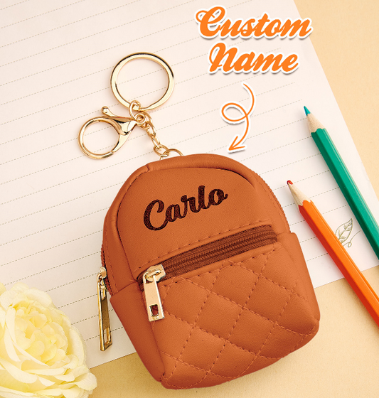Personalised Name PU Leather Backpack Keychain – Custom Mini Bag Keyring Birthday Gift