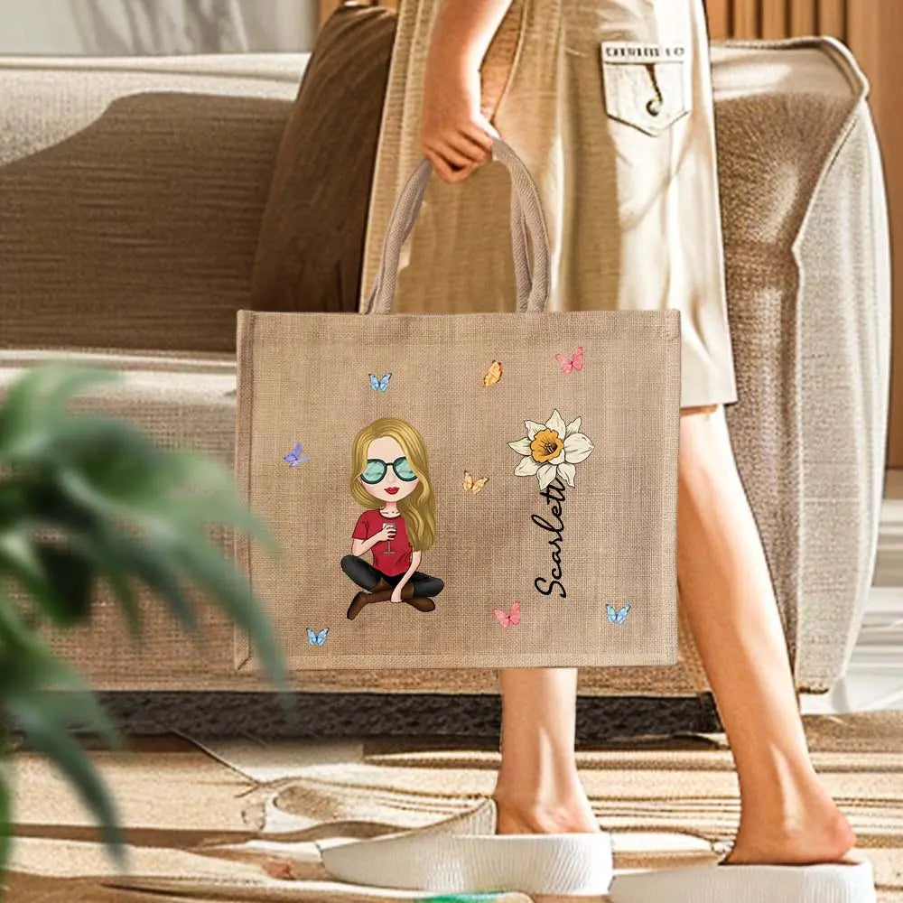 Personalised Cartoon Women Girl Birth Flower Grandma's Garden Jute Tote Bag with Name Wedding Birthday Gift for Her