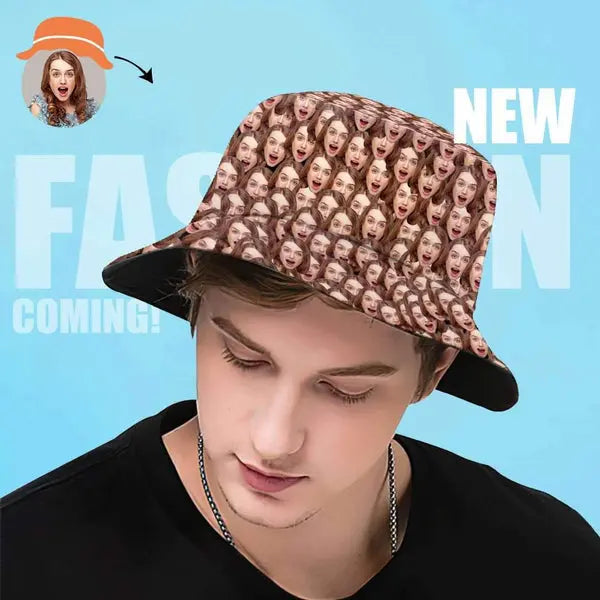 Person wearing a bucket hat with multiple faces printed on it against a blue background with text.