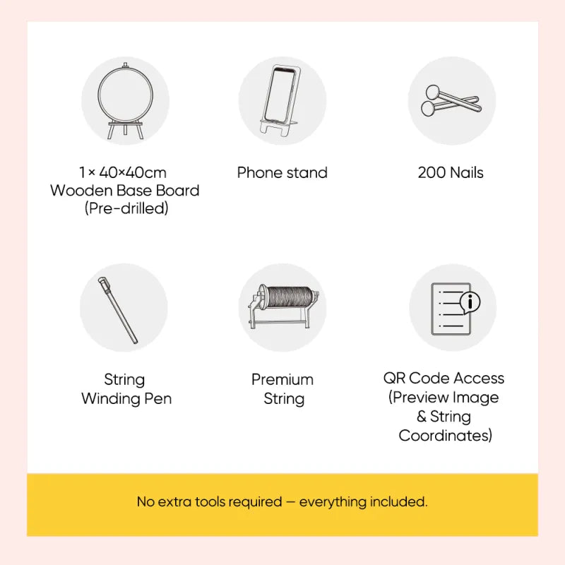 List of items included in a string art kit with icons and text on a pink background.