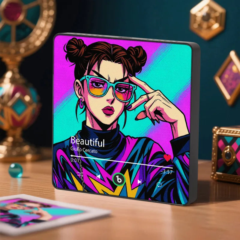 Colorful digital artwork of a person with glasses on a music player screen, with decorative items in the background.
