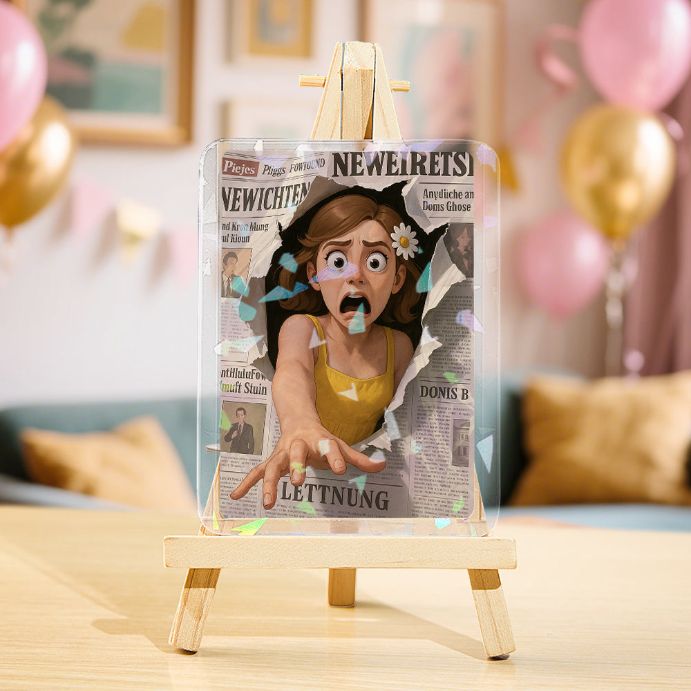 Novelty newspaper with cartoon character on a wooden stand, surrounded by balloons.