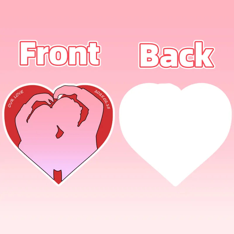 Heart-shaped card with 'Front' and 'Back' text on a pink background