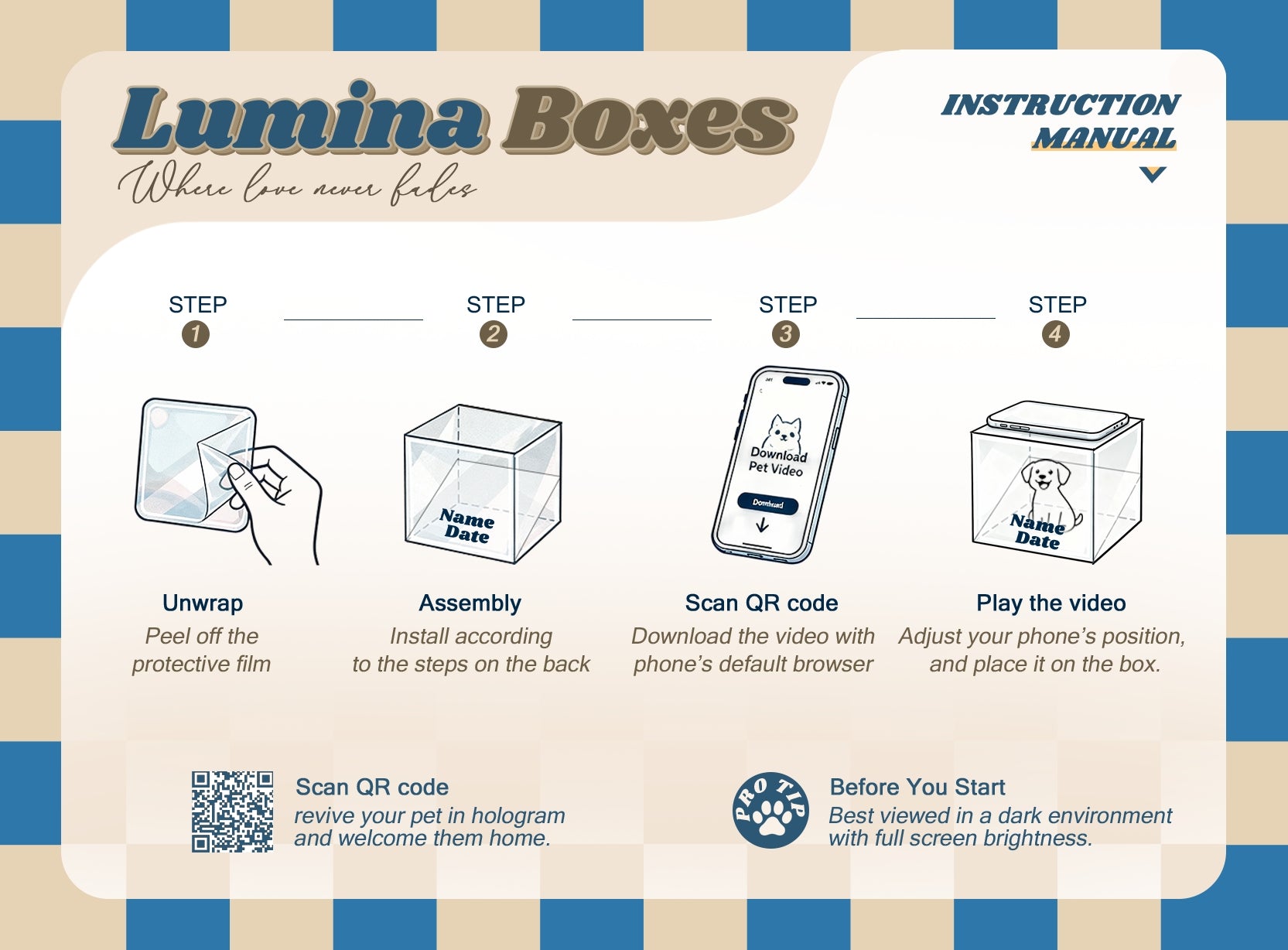 Instruction manual for Lumina Boxes with step-by-step guide on a blue and beige striped background.