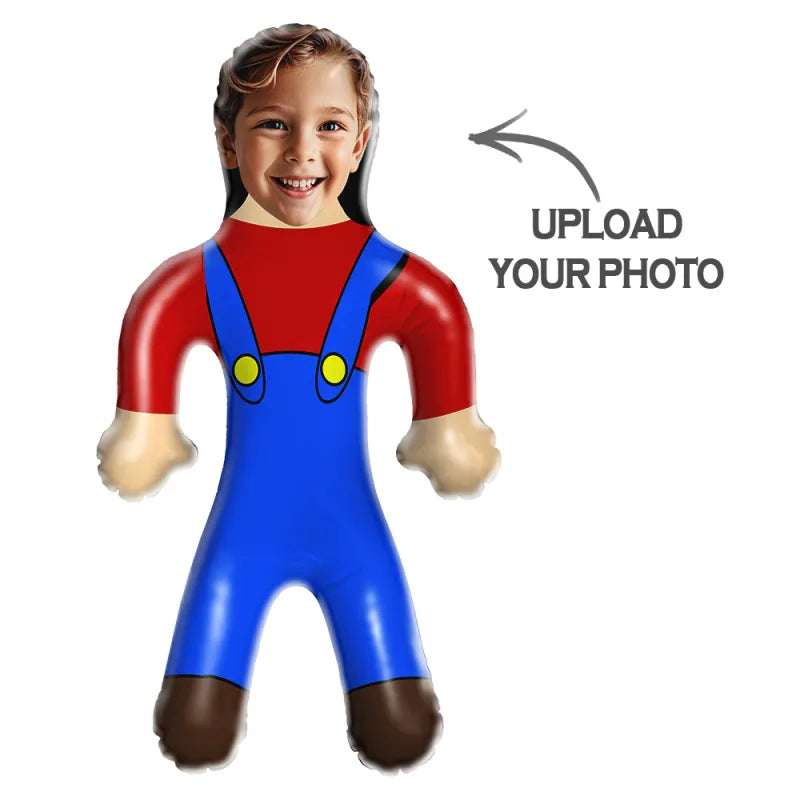 Child in a red shirt and blue overalls with an 'Upload Your Photo' text on a white background