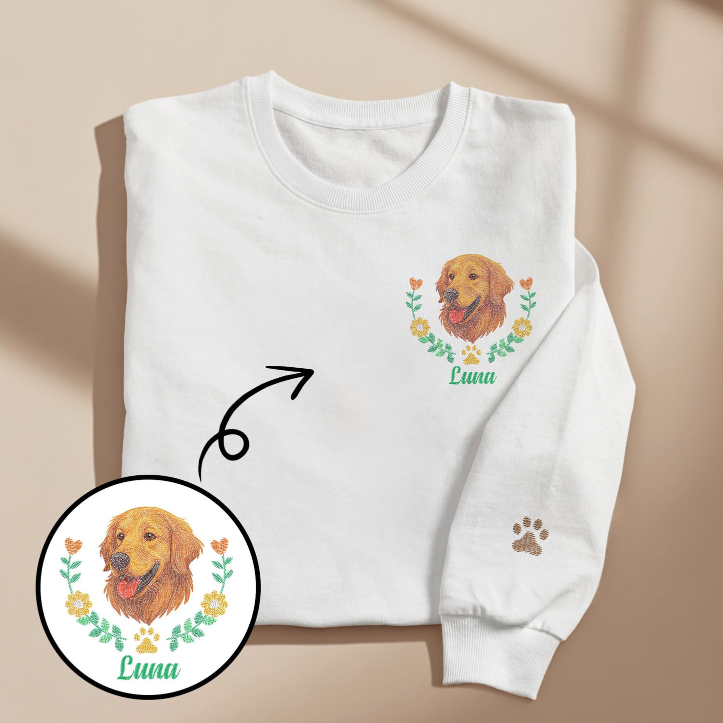 Custom Embroidered-Style Pet Sweatshirt – Personalised Pullover with Pet Name & Wreath