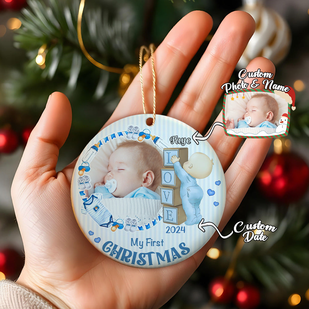 Personalised Baby's First Christmas Ornament with Photo Ceramic Christmas Ornament for Newborn Gift