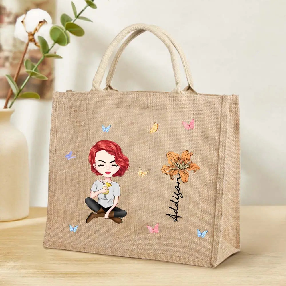 Personalised Cartoon Women Girl Birth Flower Grandma's Garden Jute Tote Bag with Name Wedding Birthday Gift for Her