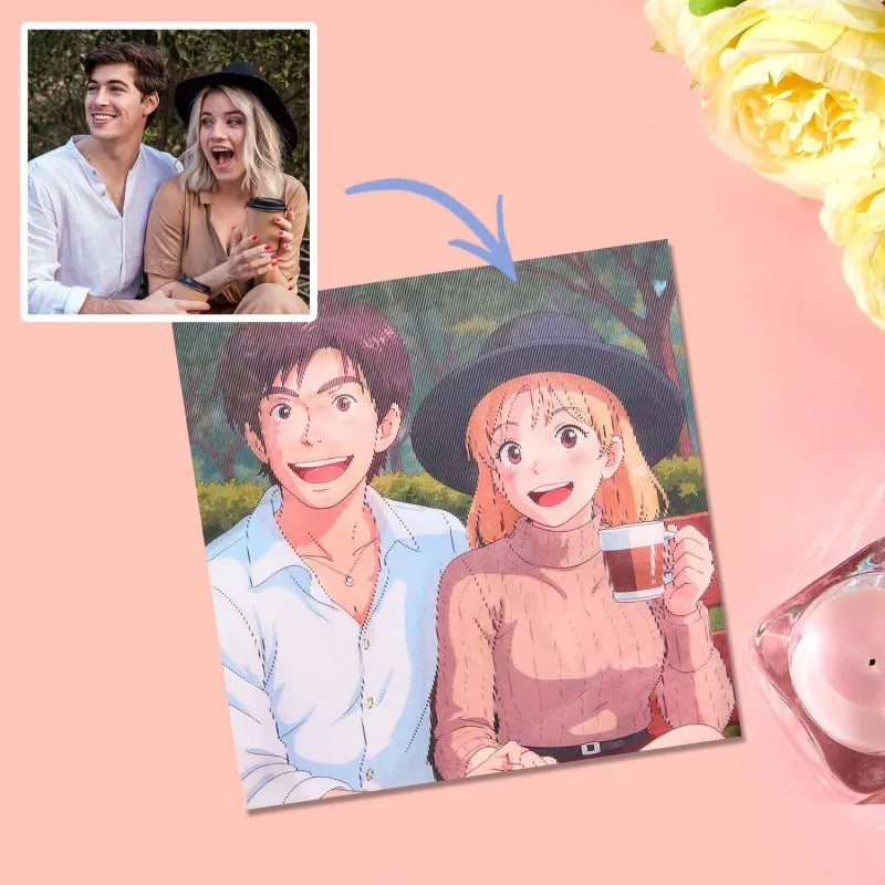 Illustration of a couple with an anime-style art style on a pink background with flowers.