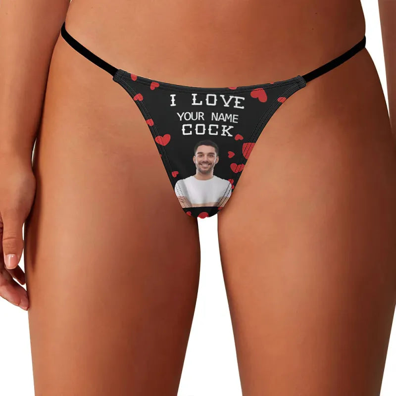 Custom Face Personalized Name Women's Tanga Thong I Love Your Cock Underwear Valentine's Day Gift
