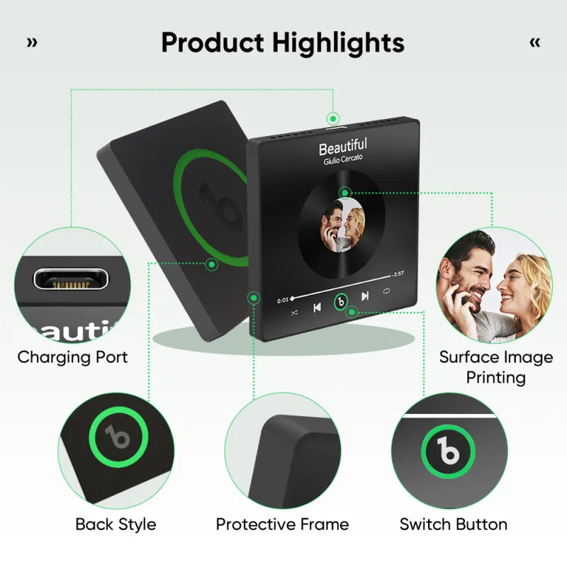 Product highlights of a device with charging port, surface image printing, back style, protective frame, and switch button.