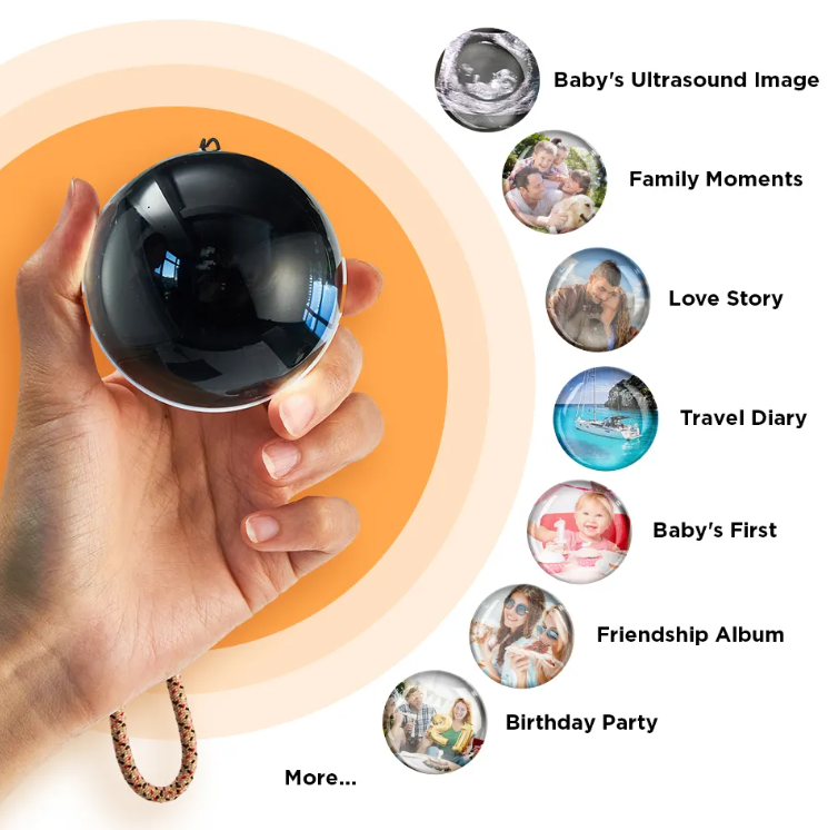 Black crystal ball held in a hand with various photo album icons displayed around it.