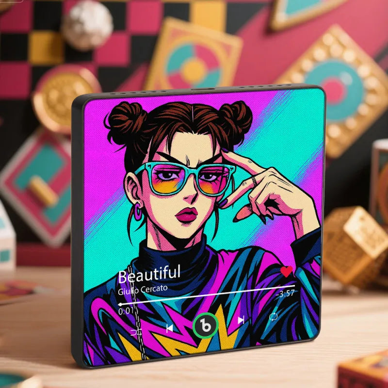 Colorful tablet with a stylized portrait and music player interface on a decorative background