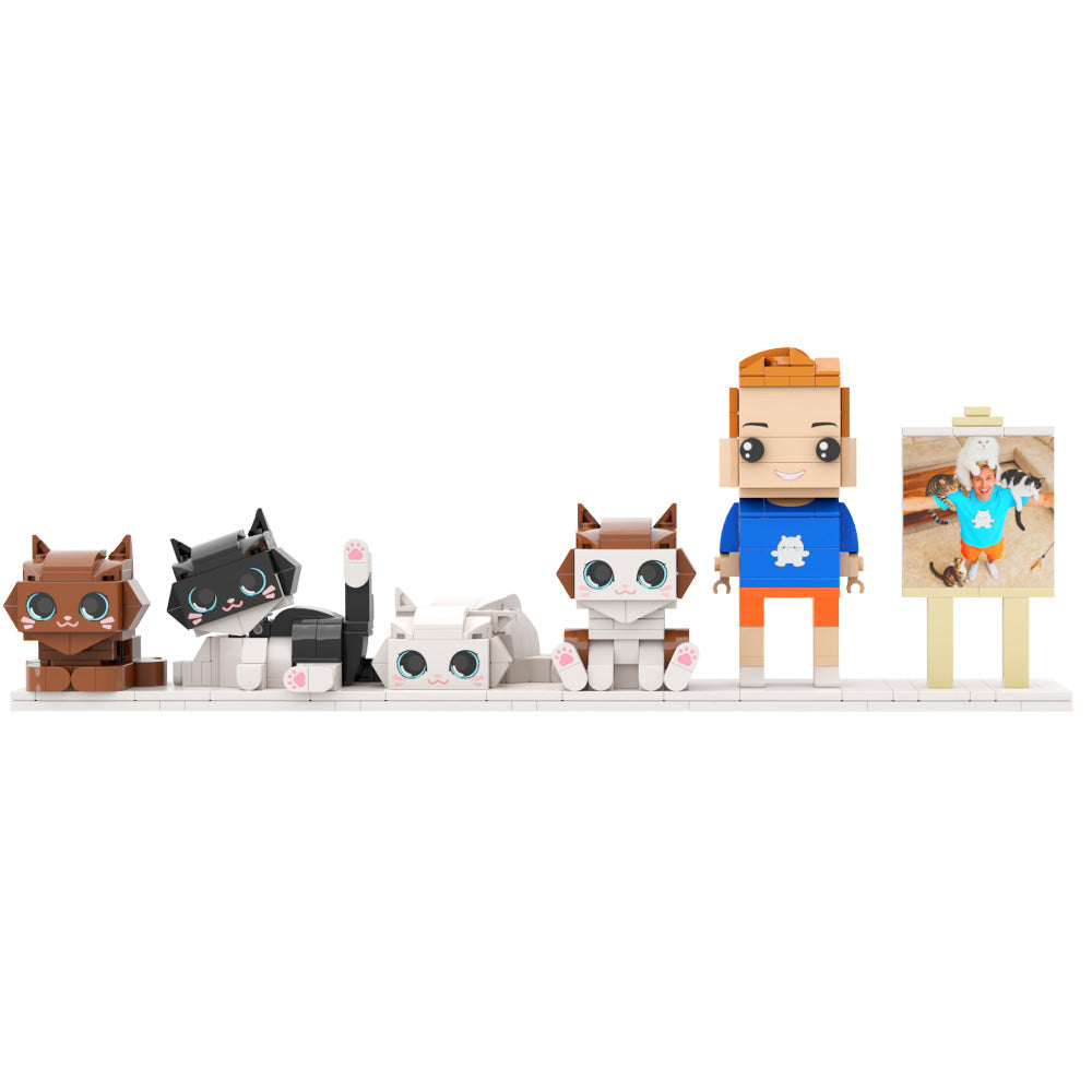 Custom Full-Body Brick Figures of 1 Person and 4 Cats with Frame Personalized Anniversary Gift Birthday Gift