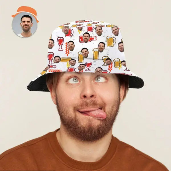 Person wearing a hat with a face pattern and beer graphics on a beige background