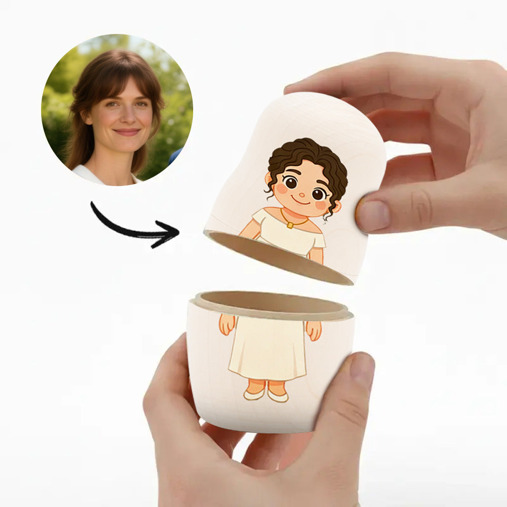 Personalized mug with cartoon character and a hand holding it, with a woman's face inset.