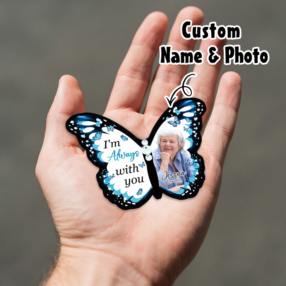 Butterfly-shaped custom photo card held in a hand with text 'Custom Name & Photo'.