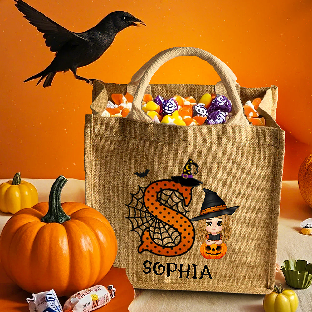 Personalised Cartoon Character Pumpkin Design Trick or Treat Candy Jute Tote Bag with Initial & Name Halloween Party Favors Gift for Kids