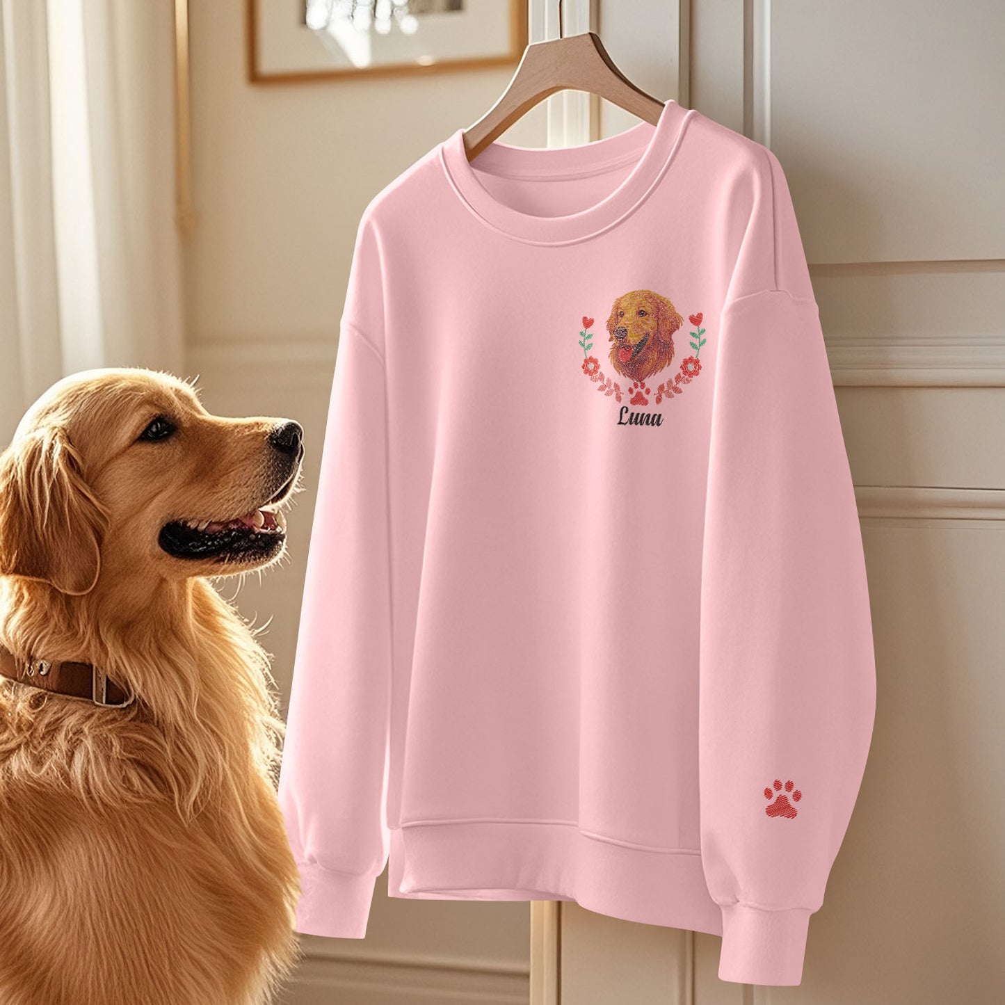 Custom Embroidered-Style Pet Sweatshirt – Personalised Pullover with Pet Name & Wreath