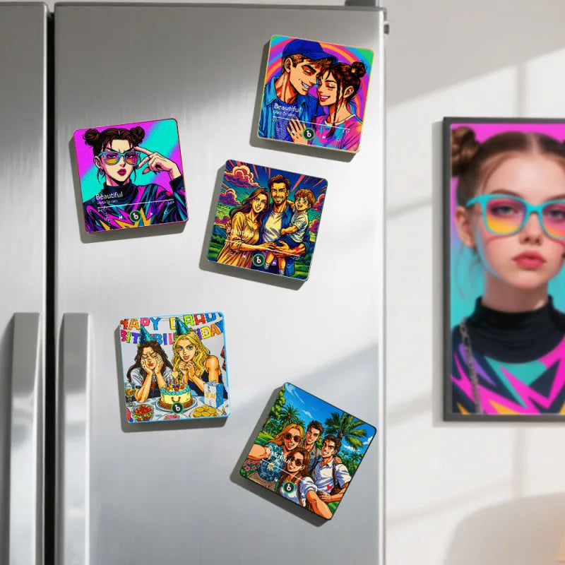 Colorful magnet set on a refrigerator with various designs.