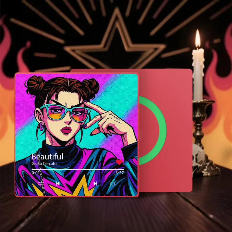 Colorful album cover with a stylized portrait and 'Beautiful' text, set against a dark background with star and candle elements.
