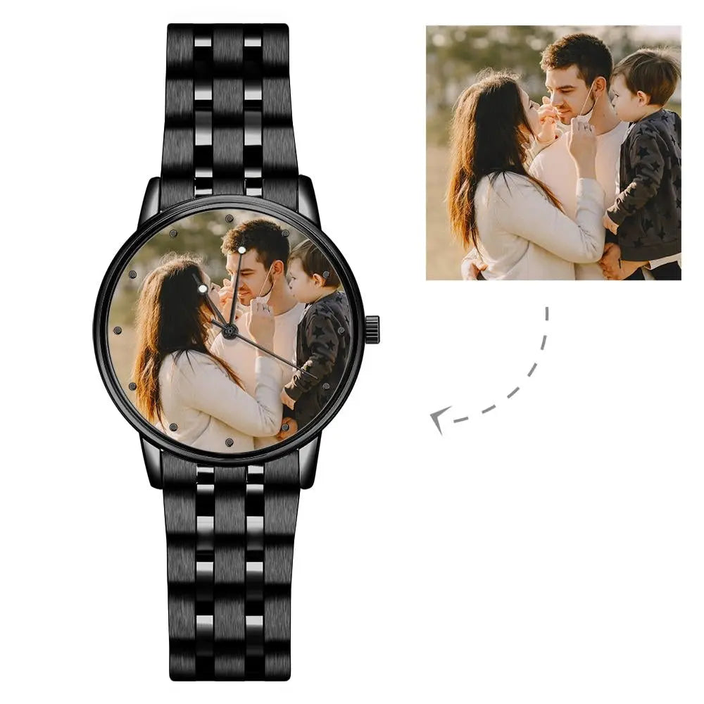 Black watch with a photo of a couple on the dial, inset image of a family, on a white background
