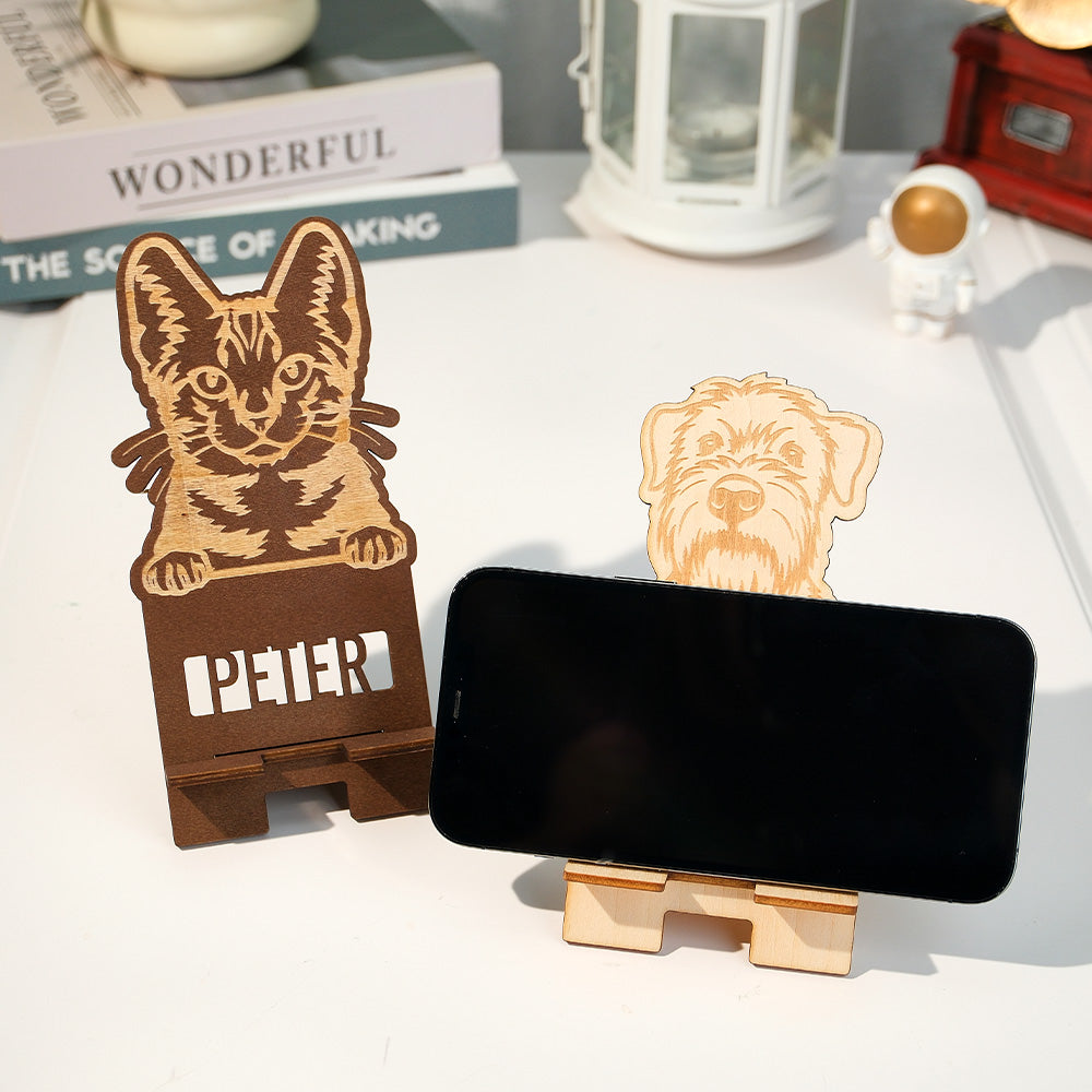 Personalised Engraved Pet Portrait Wooden Phone Stand Holder Gift for Pet Lovers