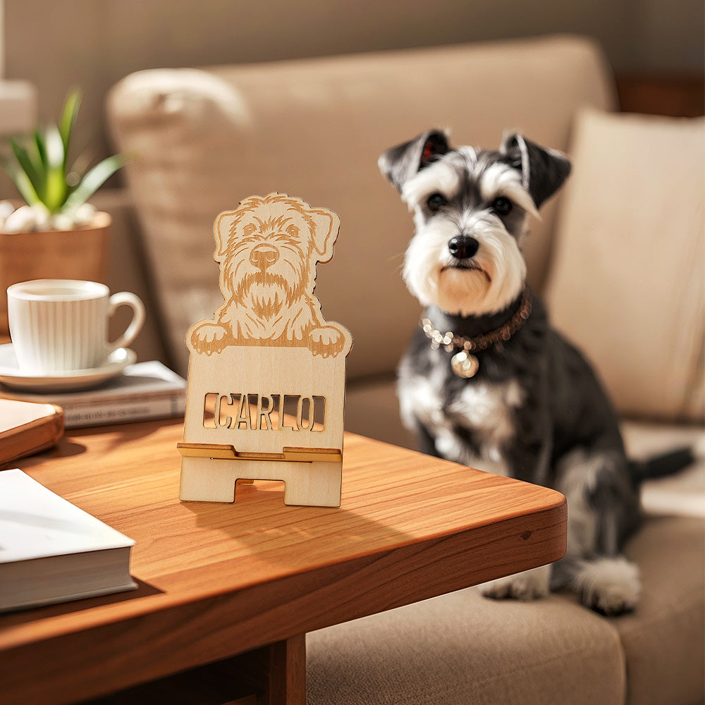 Personalised Engraved Pet Portrait Wooden Phone Stand Holder Gift for Pet Lovers