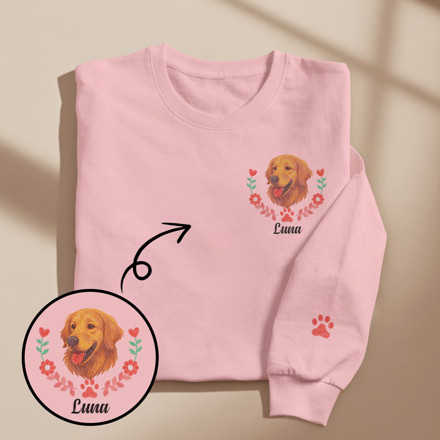 Custom Embroidered-Style Pet Sweatshirt – Personalised Pullover with Pet Name & Wreath