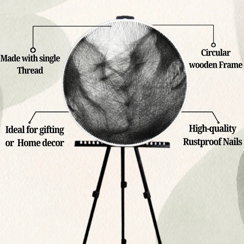 Circular wooden frame on a stand with text describing its features