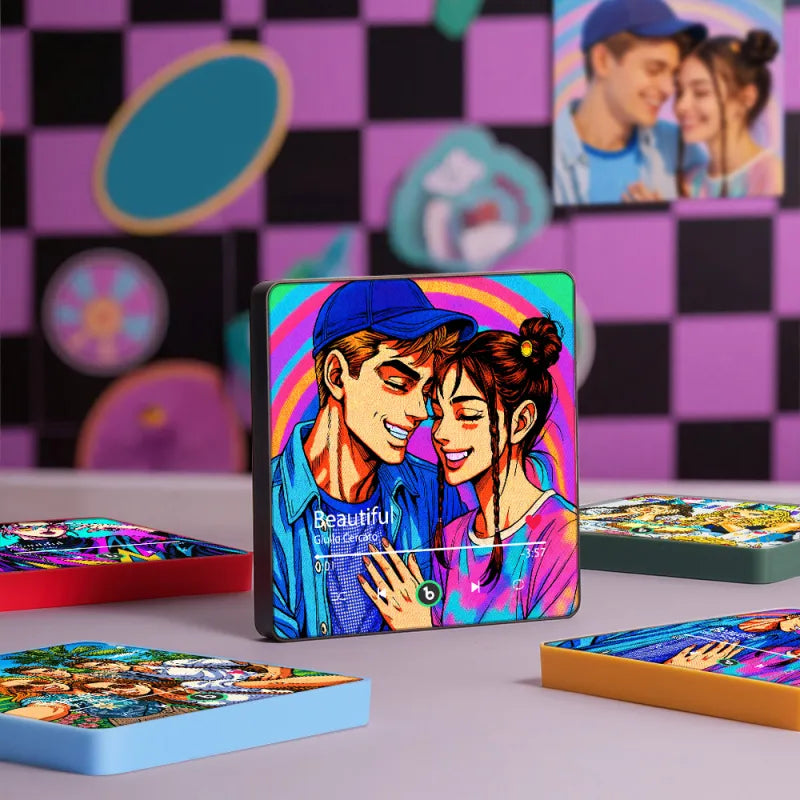 Colorful tin with illustration of two people on a checkered background