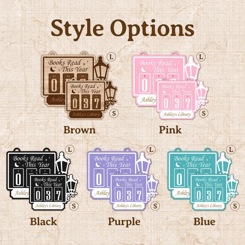 Various styles of 'Books Read This Year' bookplates with color options on a textured background.