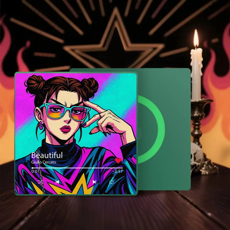 Colorful album cover with a stylized portrait and 'Beautiful' text, set against a mystical background with candles and stars.