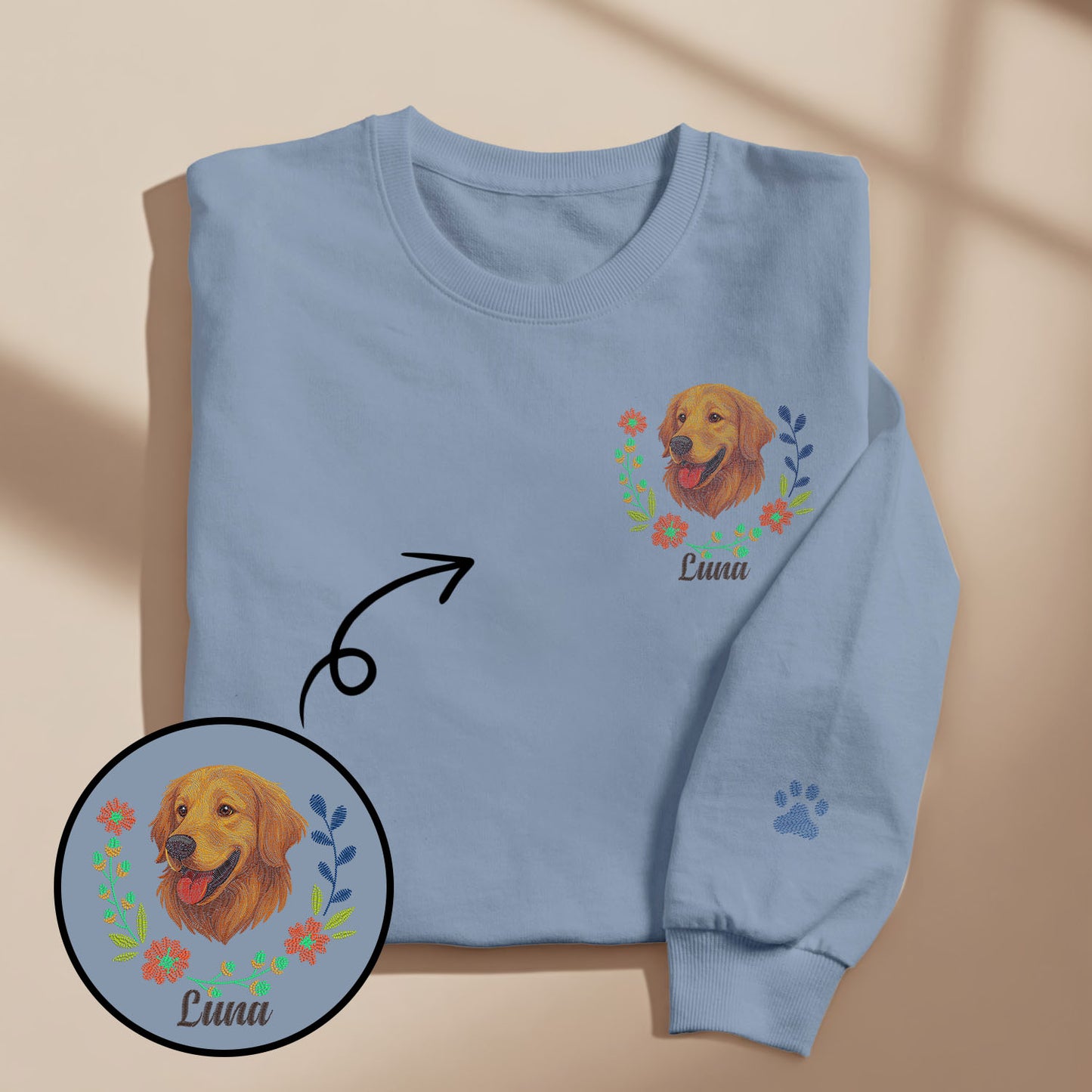 Custom Embroidered-Style Pet Sweatshirt – Personalised Pullover with Pet Name & Wreath