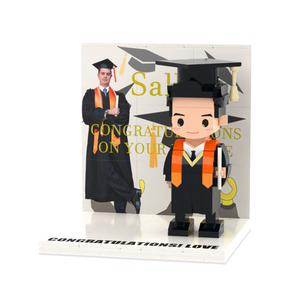 Graduation-themed figurine with a congratulatory card on a white background
