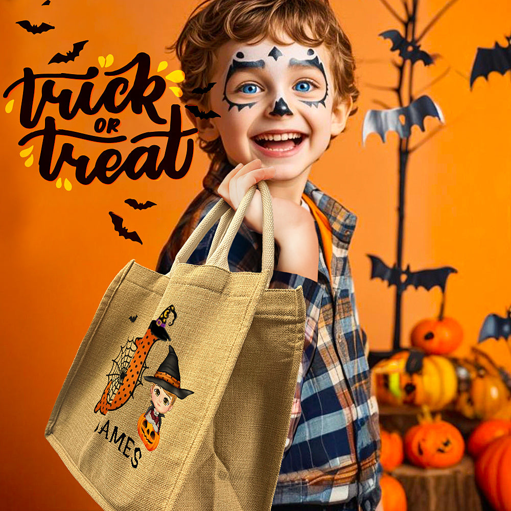 Personalised Cartoon Character Pumpkin Design Trick or Treat Candy Jute Tote Bag with Initial & Name Halloween Party Favors Gift for Kids
