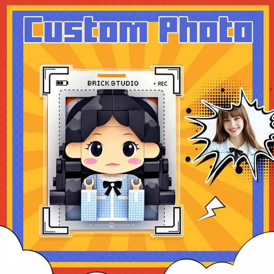 Toy figure of a girl with black hair and a blue outfit on a colorful background with 'Custom Photo' text.