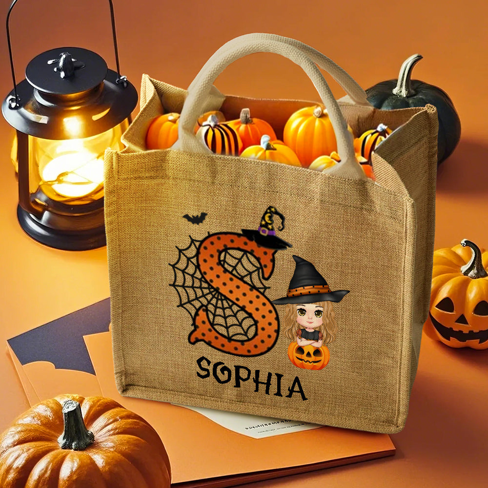 Personalised Cartoon Character Pumpkin Design Trick or Treat Candy Jute Tote Bag with Initial & Name Halloween Party Favors Gift for Kids