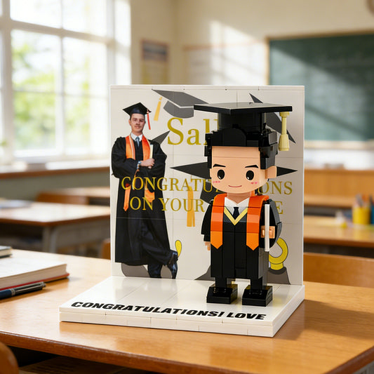Graduation-themed LEGO figure and card on a classroom desk