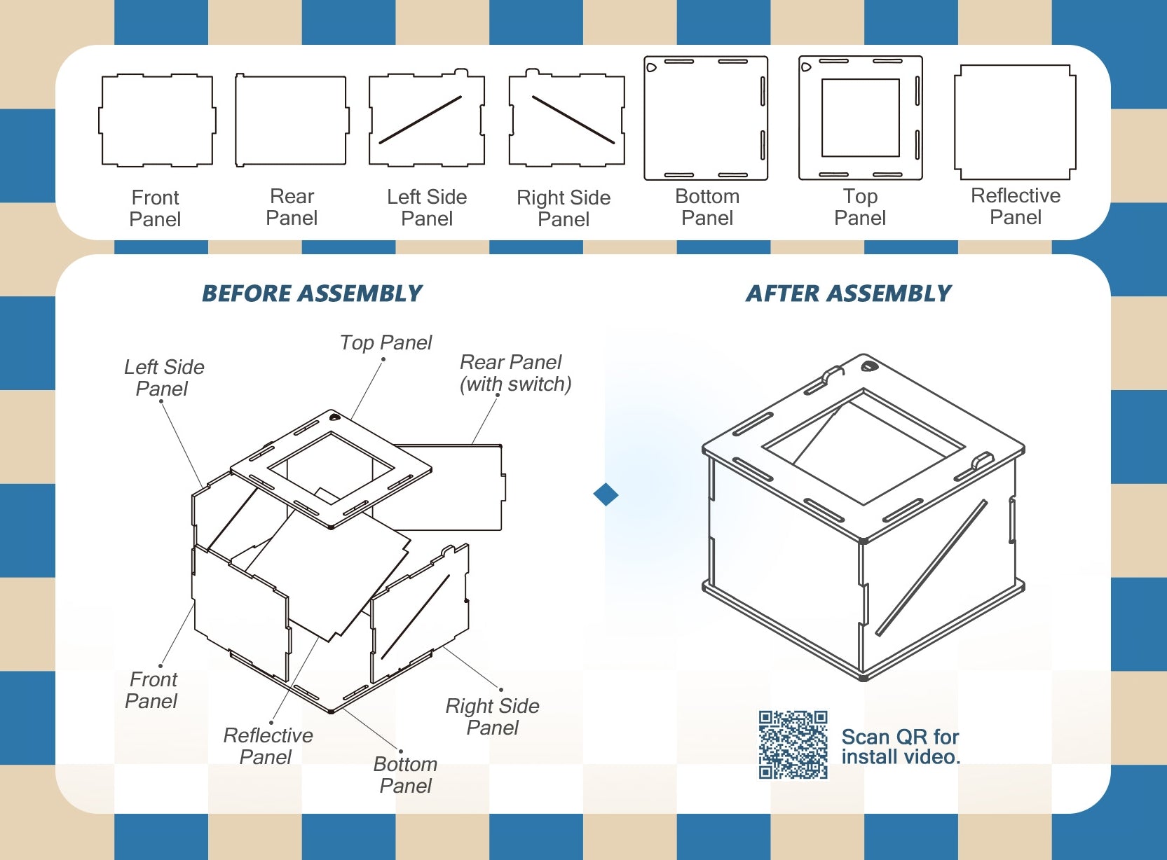 Assembly diagram for a box with labeled panels on a blue and beige striped background.