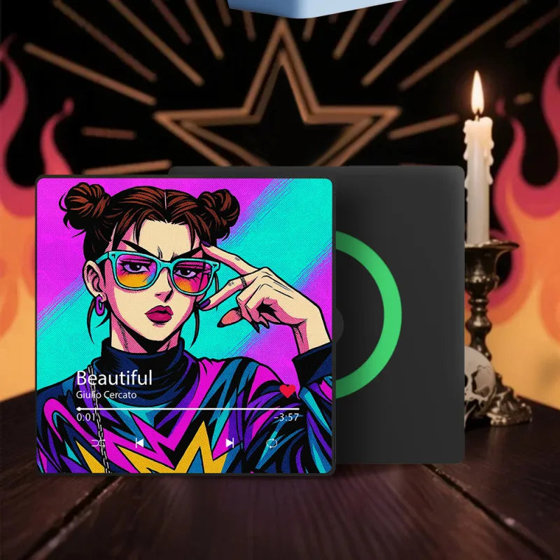 Vinyl record with colorful cover featuring a stylized illustration of a person, placed on a wooden surface with a star and candle in the background.
