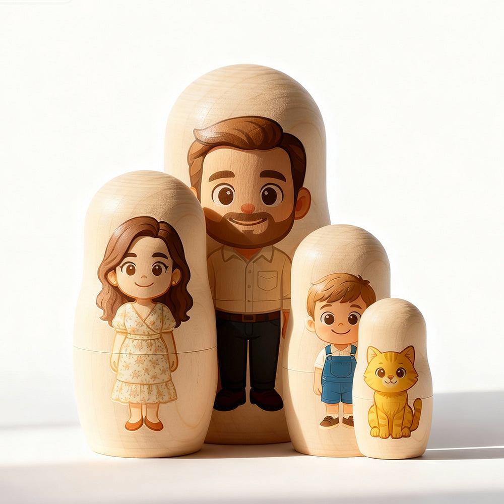 Wooden nesting dolls with illustrations of a family and a cat on a white background