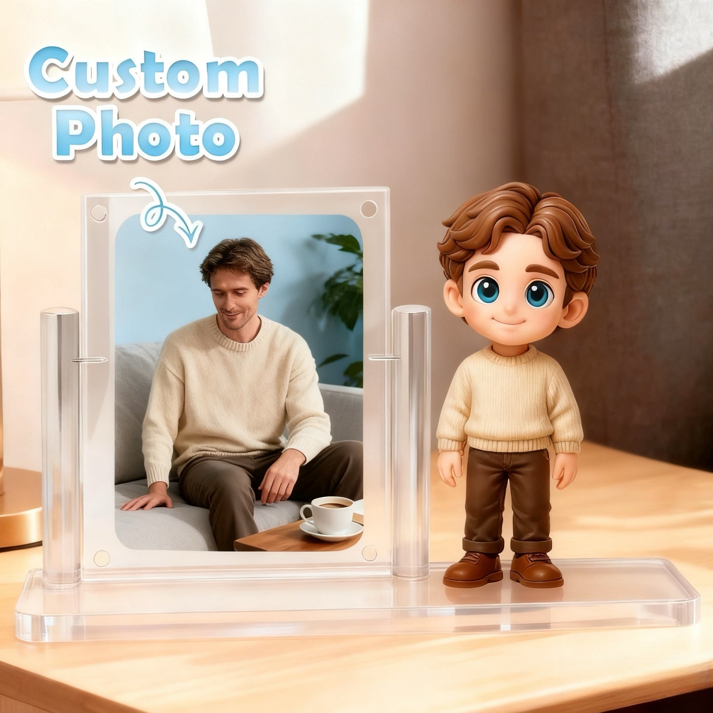 Custom photo display with a cartoon character and a man sitting on a couch.